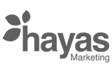 Logotipo de Hayas Marketing con letras y hojas en gris oscuro