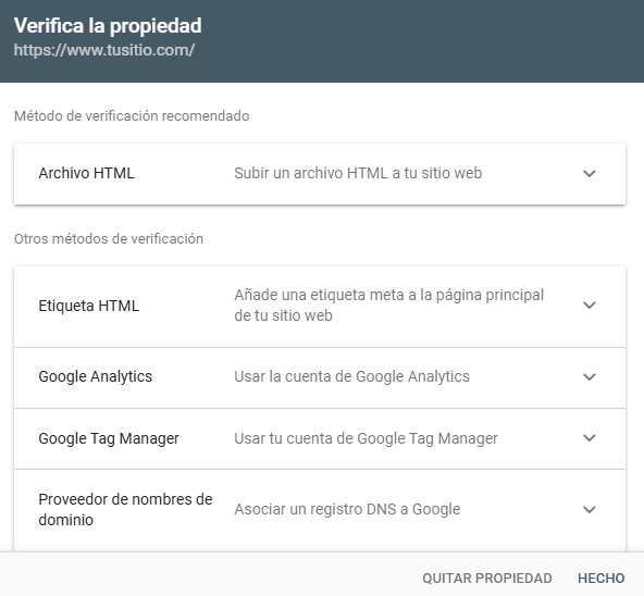 opciones de verificación de propiedad GSC