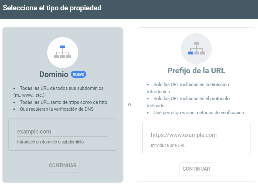 Elige el tipo de propiedad: Dominio o Prefijo de URL