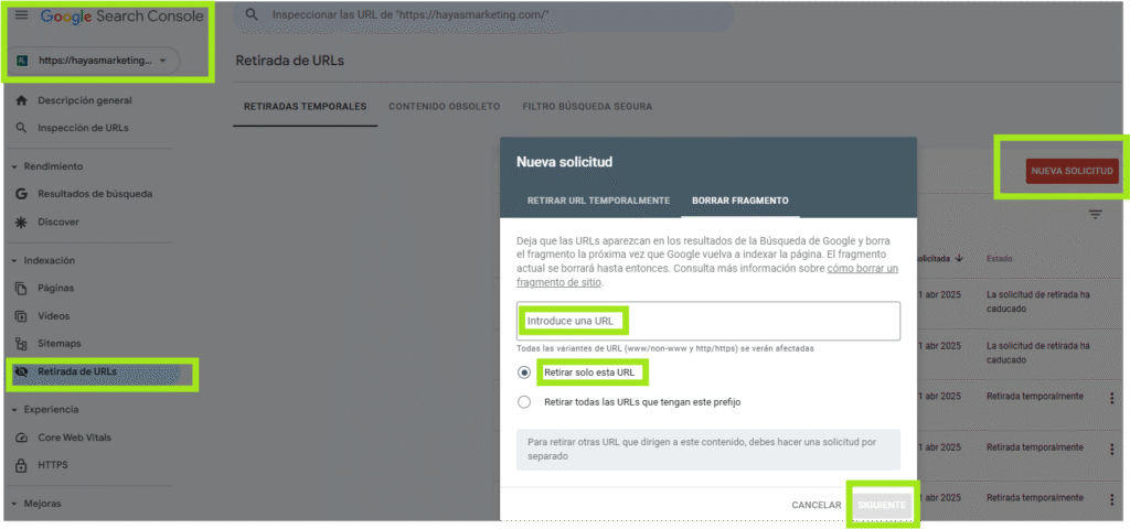 Captura de Pantalla de Search Console para retirada de URLs